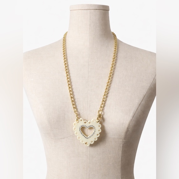 Vintage Betsey Johnson Acrylic Heart Necklace With Rhinestones. Gold Chain.